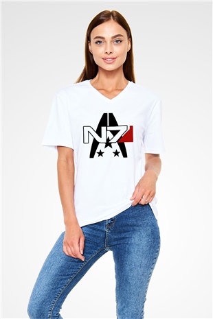 Mass Effect Beyaz Unisex V Yaka Tişört