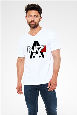 Mass Effect Beyaz Unisex V Yaka Tişört