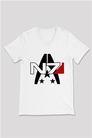 Mass Effect Beyaz Unisex V Yaka Tişört