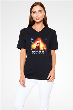Mass Effect Siyah Unisex V Yaka Tişört T-Shirt