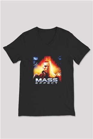 Mass Effect Siyah Unisex V Yaka Tişört T-Shirt