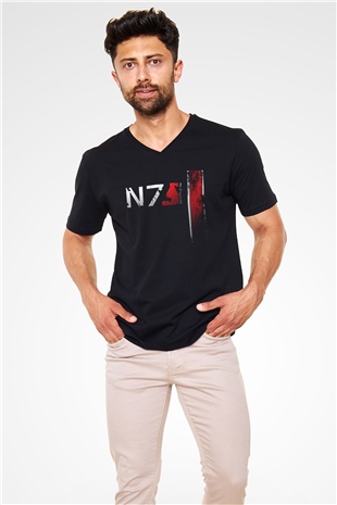 Mass Effect Siyah Unisex V Yaka Tişört T-Shirt
