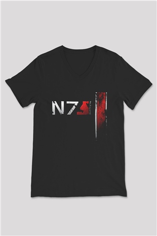 Mass Effect Siyah Unisex V Yaka Tişört T-Shirt