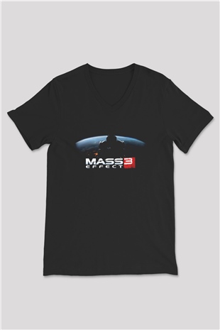 Mass Effect Siyah Unisex V Yaka Tişört T-Shirt
