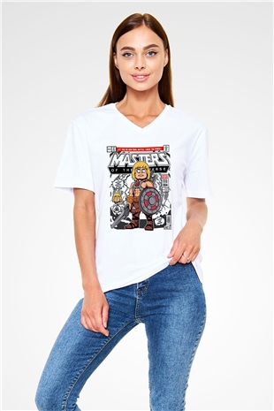 Master Of The Universe Baskılı Unisex Beyaz V Yaka Tişört