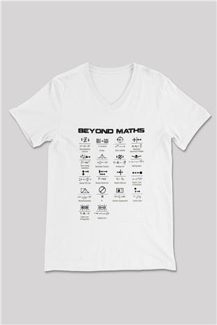 Matematiğin Ötesinde Baskılı Unisex V Yaka Beyaz Tişört - Tshirt