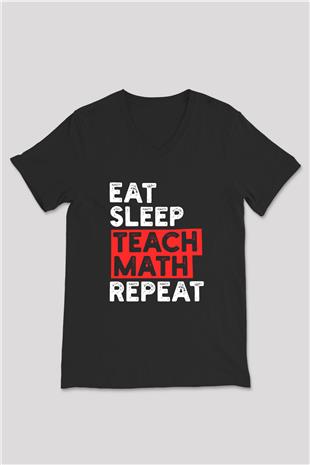 Matematik Öğretmeni Baskılı Unisex V Yaka Siyah Tİşört - Tshirt