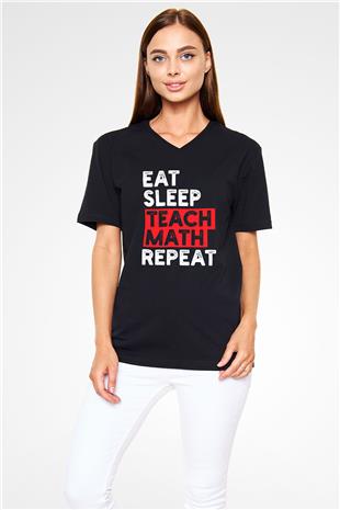 Matematik Öğretmeni Baskılı Unisex V Yaka Siyah Tİşört - Tshirt