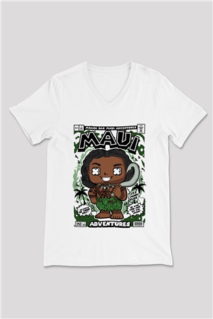 Maui Baskılı Unisex Beyaz V Yaka Tişört