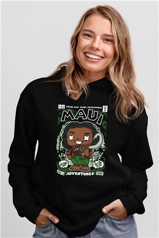 MAUI Baskılı Unisex Siyah Hoodie