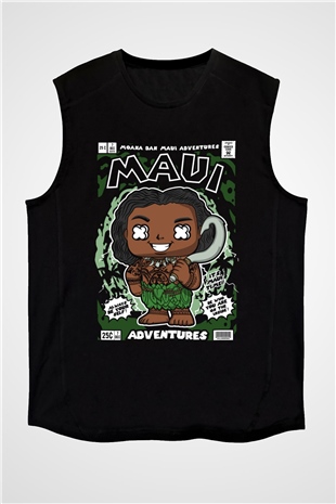 MAUI Baskılı Unisex Siyah Kolsuz Tişört