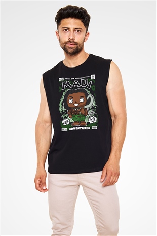 MAUI Baskılı Unisex Siyah Kolsuz Tişört