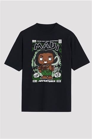 MAUI Baskılı Unisex Siyah Oversize Tişört