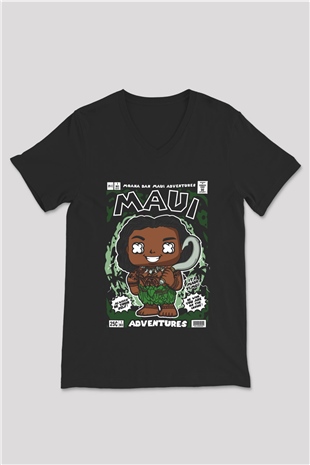 MAUI Baskılı Unisex Siyah V Yaka Tişört
