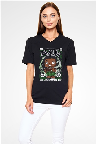 MAUI Baskılı Unisex Siyah V Yaka Tişört