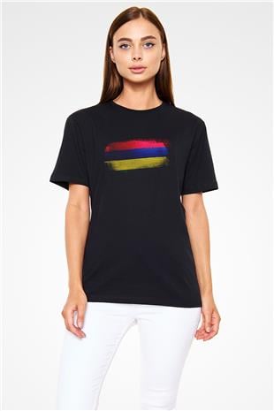 Mauritius Bayrağı Baskılı Unisex Siyah Tişört
