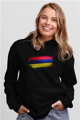 Mauritius Bayrağı Baskılı Unisex Siyah Kapüşonlu Sweatshirt