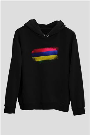 Mauritius Bayrağı Baskılı Unisex Siyah Kapüşonlu Sweatshirt