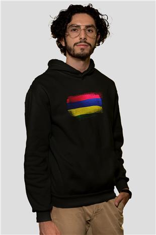 Mauritius Bayrağı Baskılı Unisex Siyah Kapüşonlu Sweatshirt