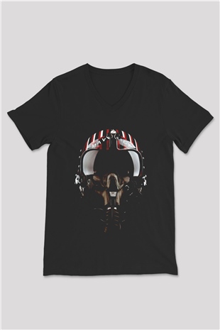 Maveric Pilot Baskılı Unisex Siyah  V Yaka Tişört