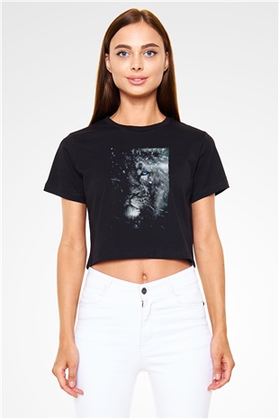 Mavi Gözlü Aslan Baskılı  Siyah  Crop Top Tişört