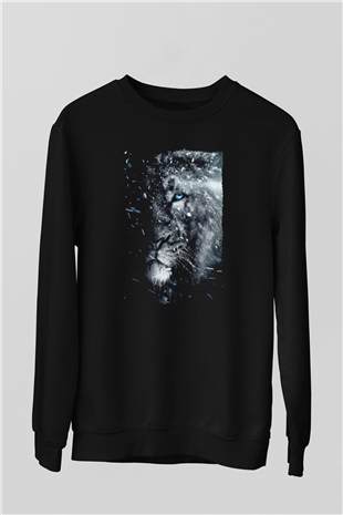 Mavi Gözlü Aslan Baskılı Unisex Siyah  Sweatshirt