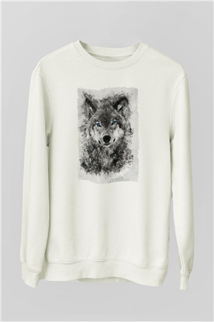 Mavi Gözlü Kurt Baskılı Unisex Beyaz  Sweatshirt