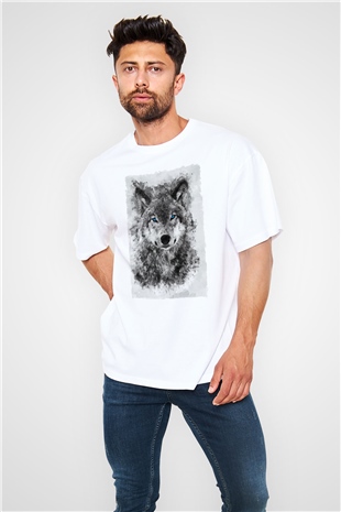 Mavi Gözlü Kurt Baskılı Oversize Beyaz Tshirt