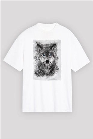 Mavi Gözlü Kurt Baskılı Oversize Beyaz Tshirt