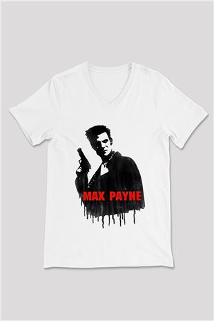 Max Payne Baskılı Beyaz Unisex V Yaka Tişört - Tshirt