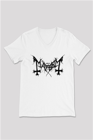 Mayhem Beyaz Unisex V Yaka Tişört T-Shirt