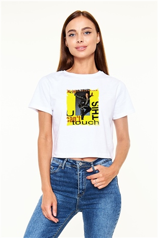MC Hammer Baskılı Beyaz Kadın Crop Top Tişört