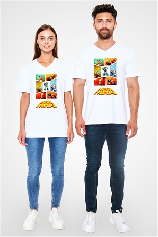 Mega Man Beyaz Unisex V Yaka Tişört