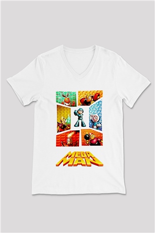 Mega Man Beyaz Unisex V Yaka Tişört