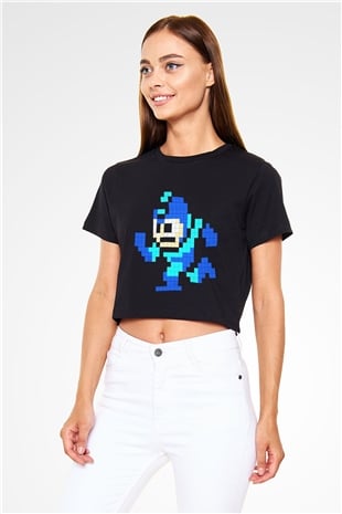 Mega Man Siyah Crop Top Tişört