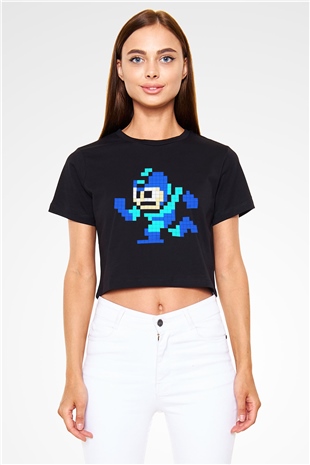 Mega Man Siyah Crop Top Tişört