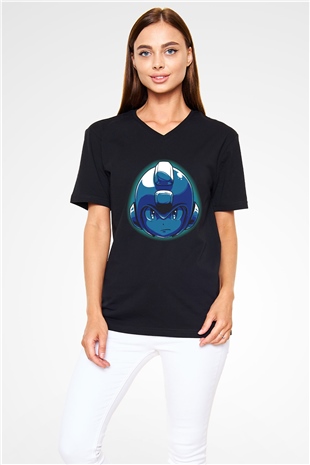 Mega Man Siyah Unisex  V Yaka Tişört