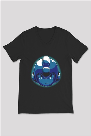 Mega Man Siyah Unisex  V Yaka Tişört