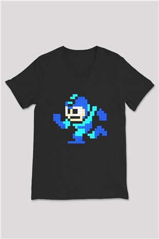 Mega Man Siyah Unisex V Yaka Tişört