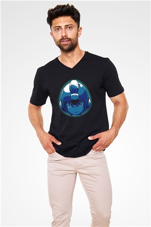 Mega Man Siyah Unisex  V Yaka Tişört