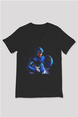 Mega Man Siyah Unisex V Yaka Tişört