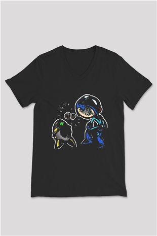 Mega Man Siyah Unisex  V Yaka Tişört