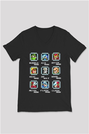 Mega Man Siyah Unisex  V Yaka Tişört