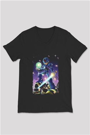 Mega Man Siyah Unisex V Yaka Tişört