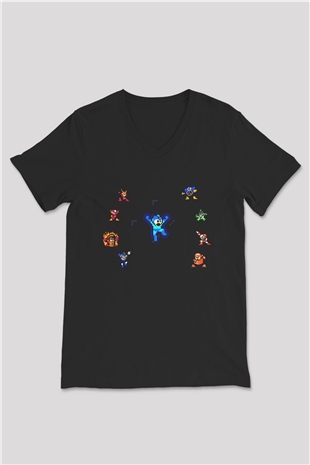 Mega Man Siyah Unisex  V Yaka Tişört