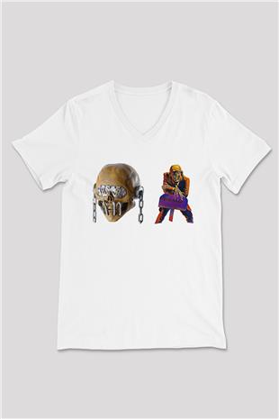 Megadeth Baskılı Beyaz Unisex V Yaka Tişört - Tshirt