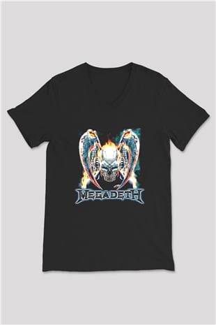 Megadeth Baskılı Unisex Siyah V Yaka Tişört - Tshirt