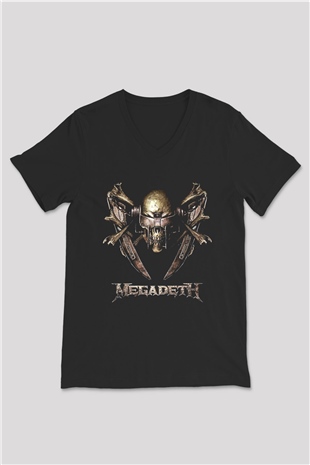 Megadeth Baskılı Unisex Siyah V Yaka Tişört - Tshirt