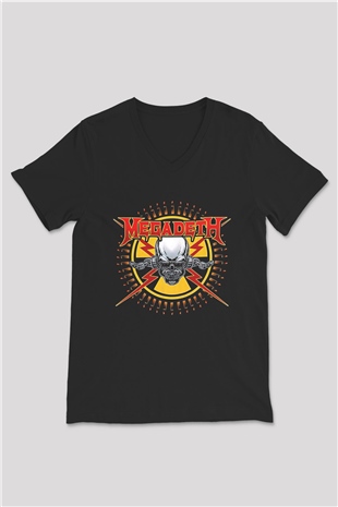 Megadeth Baskılı Unisex Siyah V Yaka Tişört - Tshirt