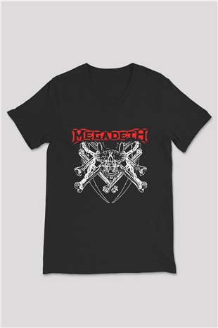 Megadeth Baskılı Unisex Siyah V Yaka Tişört - Tshirt